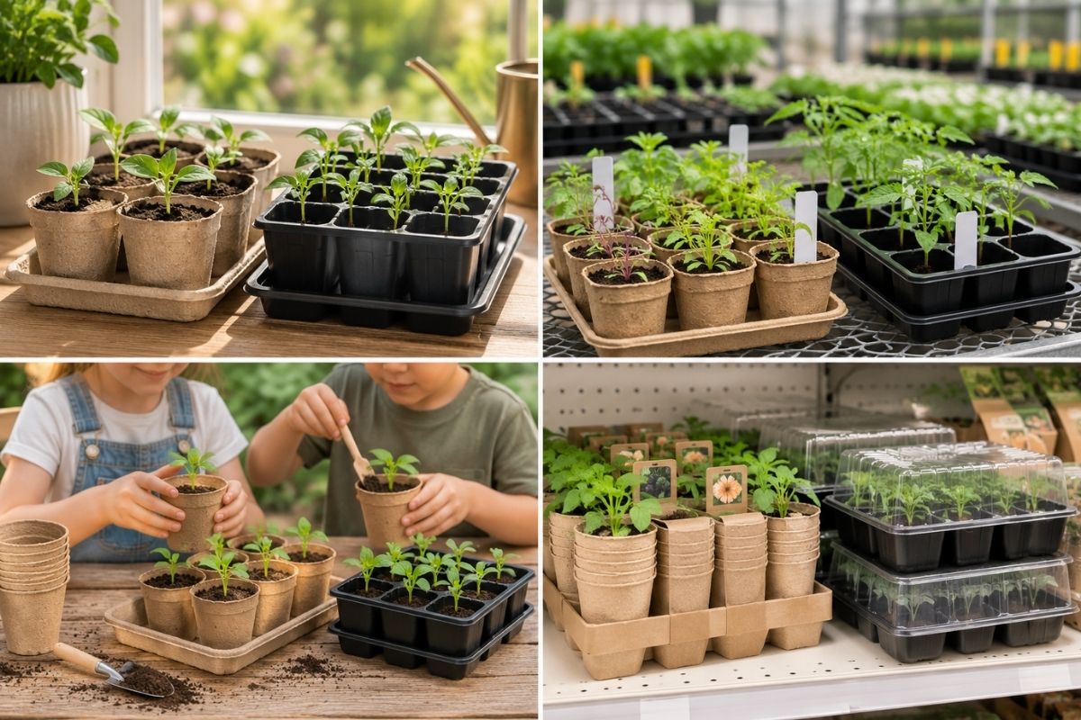 Biodegradable seed pots and plastic trays used at home, in a nursery and in retail kits Biodegradable seed pots and plastic trays used at home, in a nursery and in retail kits